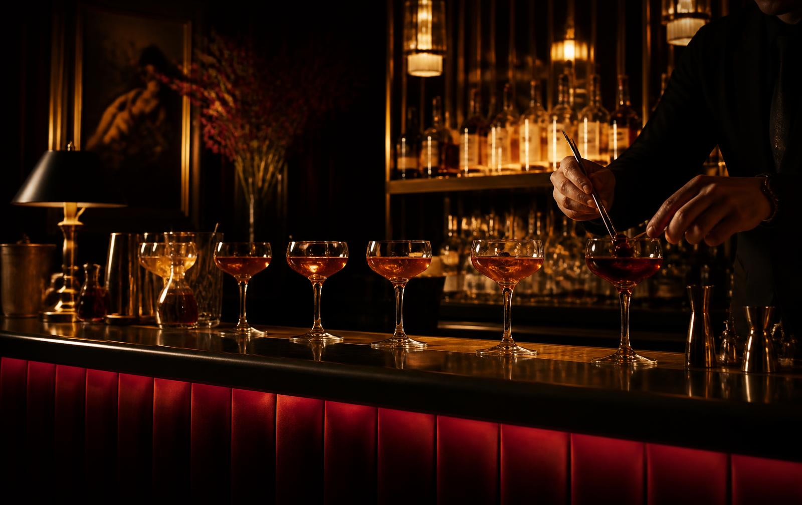 Coupe glasses being garnished along a candlelit cocktail bar